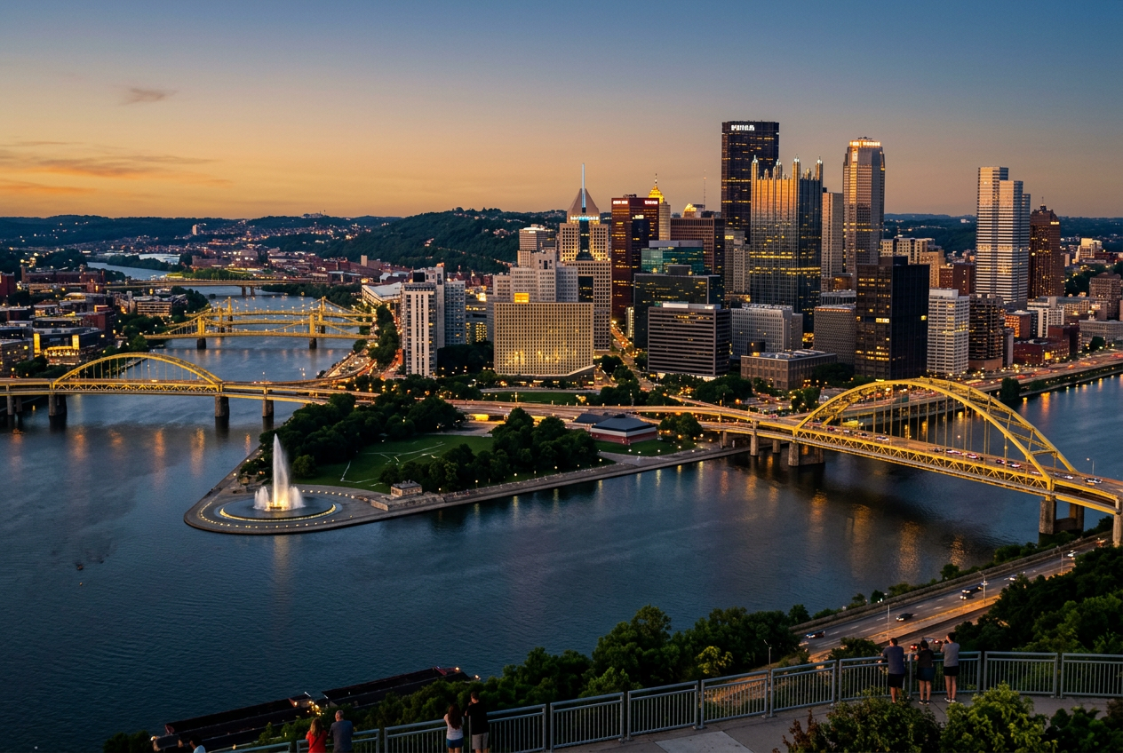 Pittsburgh skyline at dusk with golden light reflecting off downtown towers